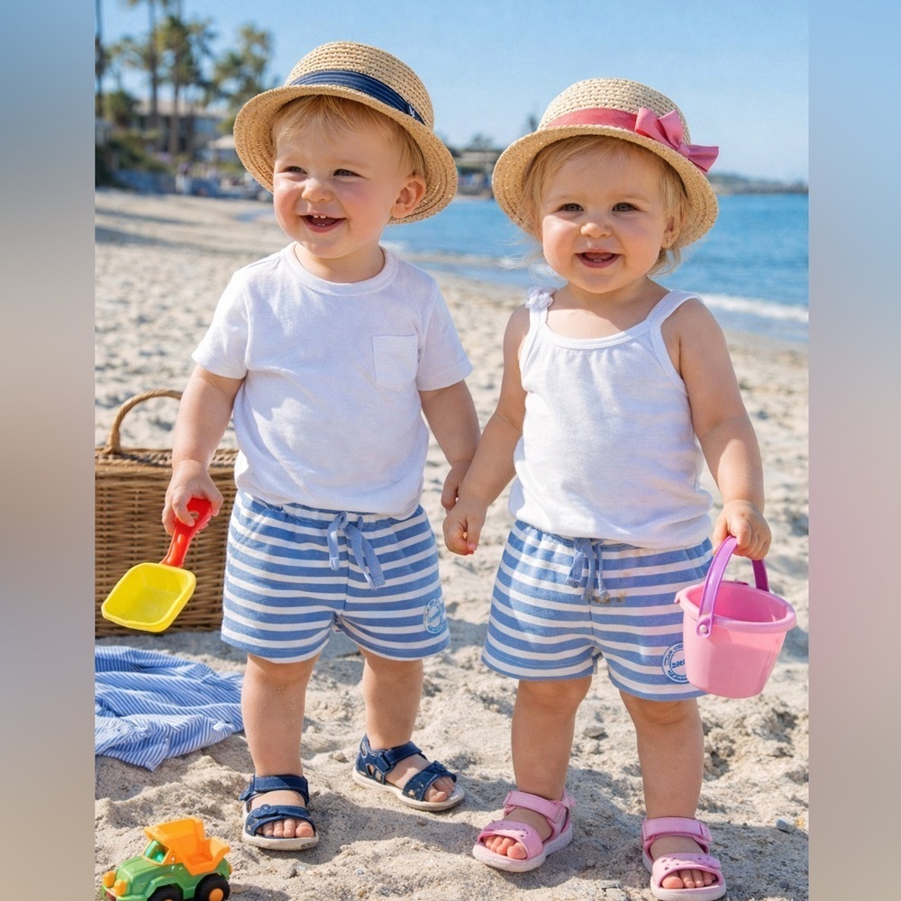 DKNY Light Blue and White Striped Shorts